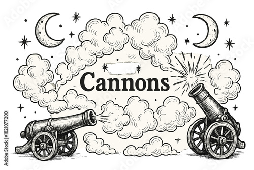 Epic Cannon Battle. Hand-drawn cannon battle with moons, smoke, and sparkles, center word “Cannons” in black and white isolated