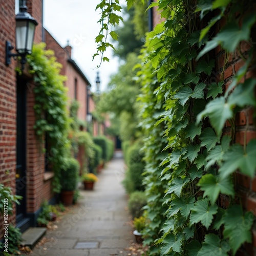 Green ivy covers brick building wall beside pathway. Small houses with potted plants line walkway in village. Overcast sky above tranquil street.