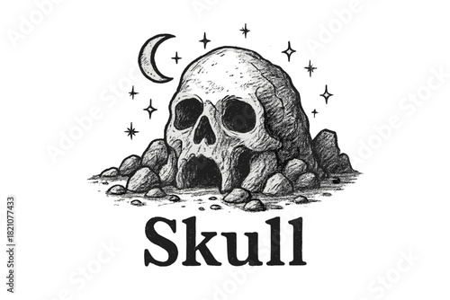 Skull Cave Artwork. Hand-drawn skull cave with moons, rocks, and sparkles, center word “Skull” in black and white isolated