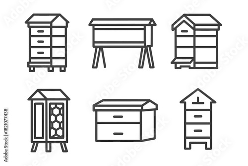 Hive Type Icons. Line style icons of hive types: Langstroth stack icon, top-bar hive design, flow hive setup, observation hive,