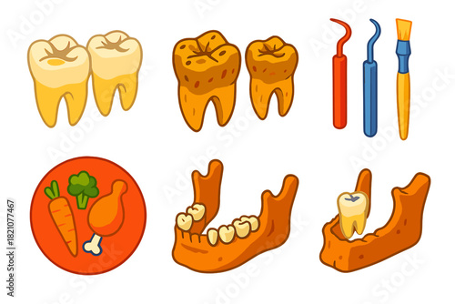 Ancient Dental Health Icons. Isometric vector illustration set Paleopathology of dental health: tooth wear patterns, ancient