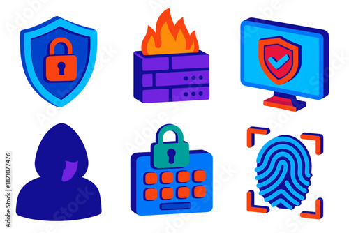 Cybersecurity Icons Set. Isometric vector illustration set Cybersecurity: shield with lock, firewall server, antivirus scan screen