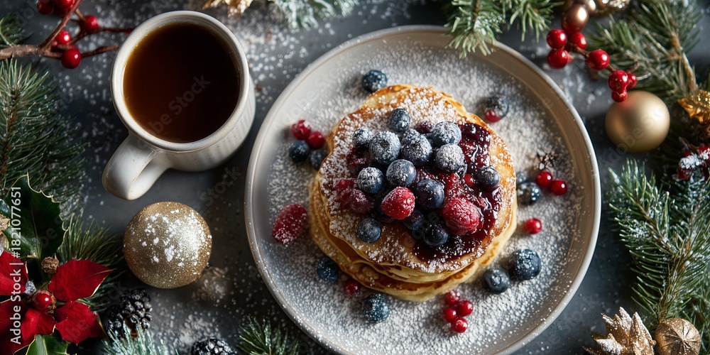 Obraz premium Overhead view of holiday breakfast table with pancakes topped with berries and powdered sugar beside coffee, garland and ornaments.