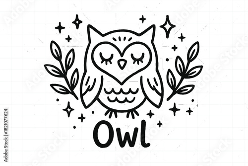 Owl Spirit Doodle. Doodle owl spirit with stars, branches, and sparkles, center word “Owl” in black and white isolated transparent