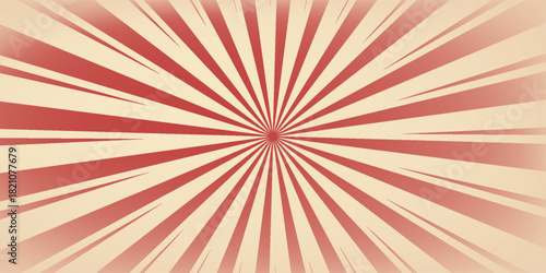 Red sunburst lines on yellow Background. Light sun rays pattern. Vintage stripes halftone radial wallpaper for poster, banner, advertising backdrop, comic or