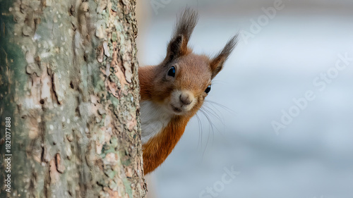 Curious red squirrel peeking from behind tree trunk