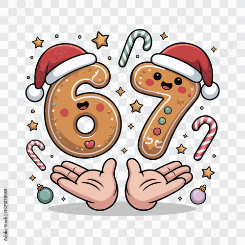 Cute Gingerbread 67 Christmas Illustration – Kawaii Santa Hat Numbers with Candy Canes and Holiday Doodles