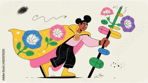 Fantasy herbalist character illustration with a cloak made of natural elements suitable for fantasy game assets book covers or magical potion advertisements