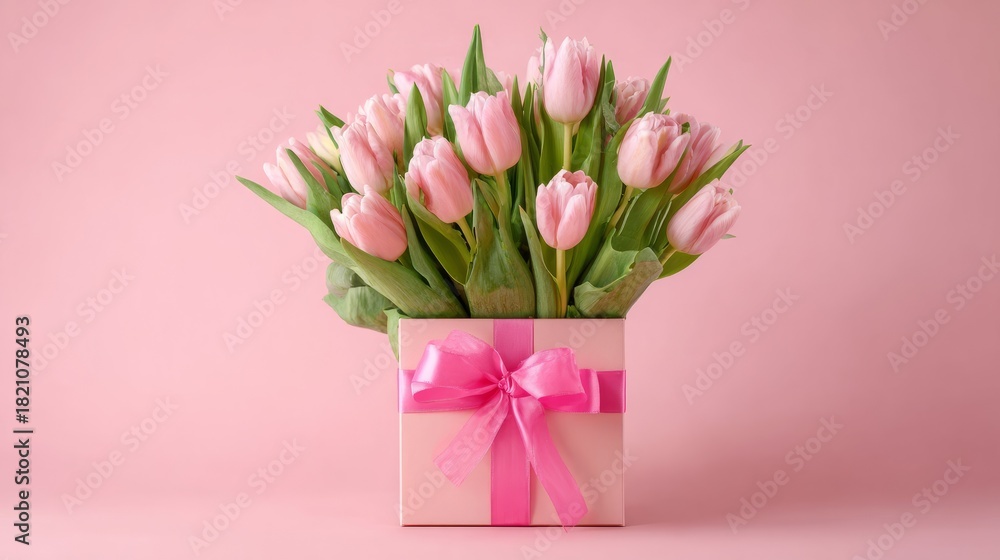 Obraz premium A bouquet of pink tulips arranged in a light pink gift box with a ribbon. The background is a soft pink color, creating a cheerful atmosphere.