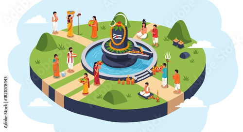 People celebrating Maha Shivaratri, a Hindu festival worshipping Lord Shiva with a large Lingam. Isometric vector illustration