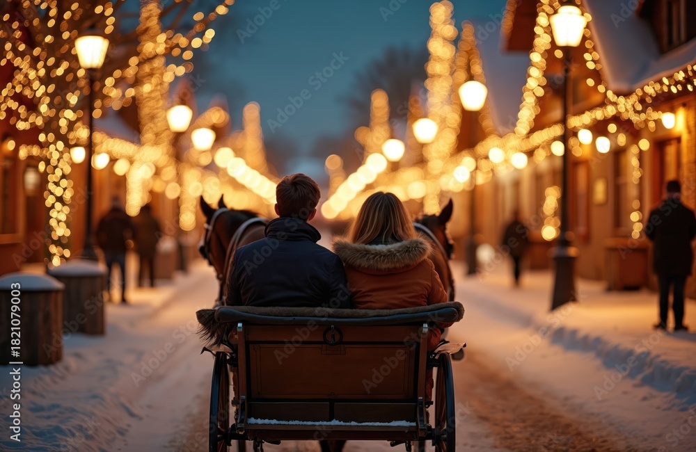 Fototapeta premium Couple enjoys horse drawn carriage ride through snowy village. Festive lights twinkle on buildings and trees. Romantic winter evening scene with horses pulling sleigh.