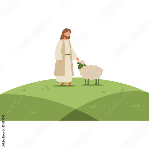 Shepherd with Sheep on Green Hill Illustration lamb pastoral field grass animal farm flock care guidance