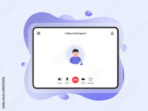 Gradient shape light Glassmorphism board Video call screen with liquid glass frame. Messenger app call interface with mockup for web and tablet or pad. Sound, mic, video and message icons and avatar. 
