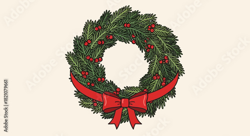 Christmas wreath with red bow and holly berry decoration