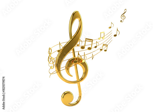 Golden treble clef with musical notes isolated on transparent background