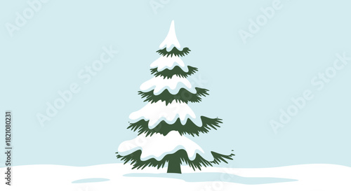 Cartoon fir tree covered with fresh snow in a winter landscape