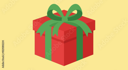 Isometric red gift box with green ribbon and bow on yellow background