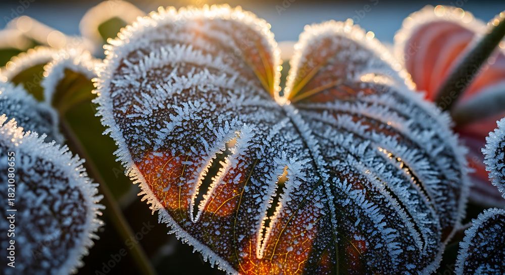 Obraz premium Frost-covered anthurium leaves glowing in golden morning sunlight