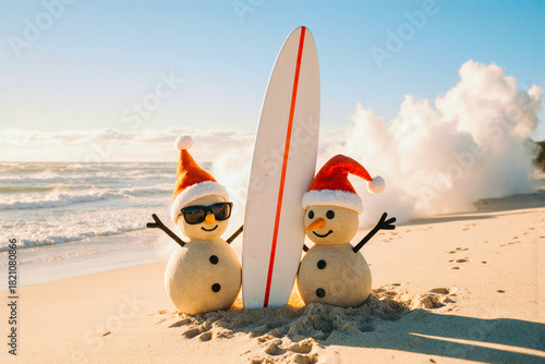 Two snowmen wearing santa hats and sunglasses with a surfboard on a beach