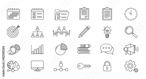 Collection of business and office related line icons on a white background