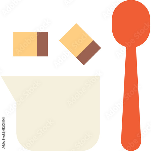 Flat Design Illustration of a Beaker with Sugar Cubes and a Spoon in a Studio Setting with a Transparent Background
