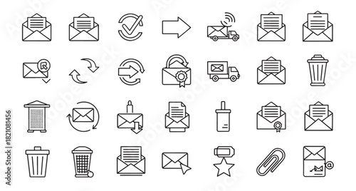 Collection of various delivery mail and package related line icons
