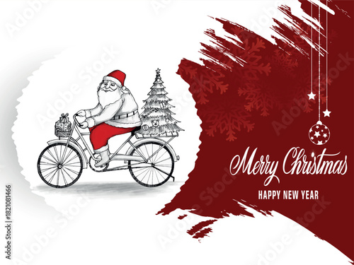 Santa claus riding a bicycle with a christmas tree