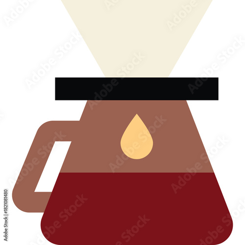 Flat Icon Illustration of Pour Over Coffee Maker with Dark Red Coffee and Filter Cone on Transparent Background