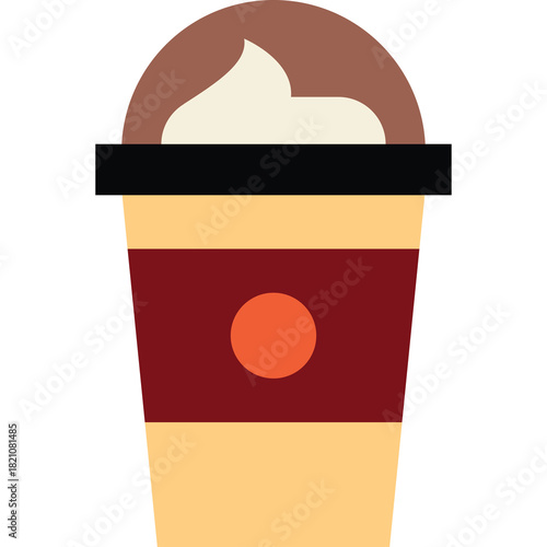 A stylized graphic illustration of a takeaway coffee cup with whipped cream and a brown lid featuring a simple circular emblem on a tan background with a dark brown stripe and a warm orange dot on a