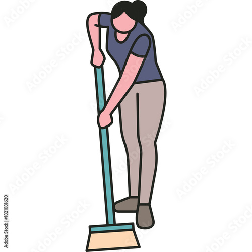 A Woman in a Blue Shirt and Tan Pants Sweeps the Floor with a Broom Featuring a Transparent Background and a Flat Design Style
