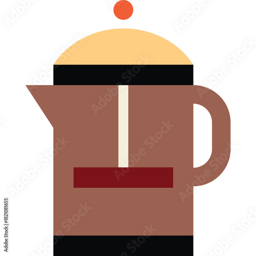 A Brown French Press Coffee Maker with a Yellow Lid and Red Accent on a Transparent Background