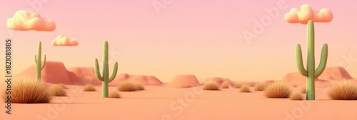 Surreal desert landscape with cacti under pink sky
