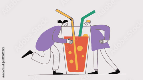 Two friends happily sharing a very large colorful drink together representing friendship and shared enjoyment in a vibrant illustration