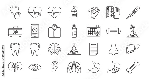 Collection of healthcare and medical icons depicting various aspects of wellness
