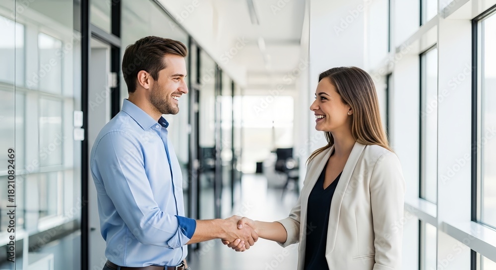Fototapeta premium Excited business partners shake hands, smiling in modern office hallway