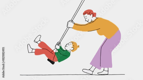 Joyful childhood moment of a parent pushing a child on a swing in a park depicted as a colorful vector illustration with vibrant hues and clean lines