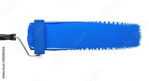 Paint roller applies a vibrant blue horizontal paint stroke on a clean white background.
