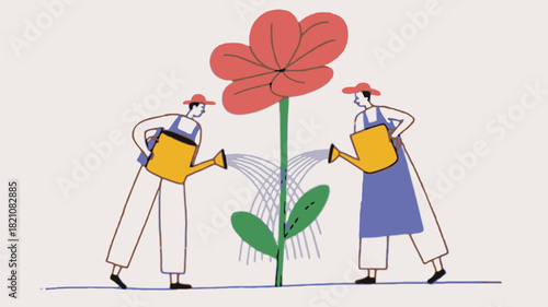 Surreal scene of two gardeners tending to an oversized fantastical plant under a vibrant sky evoking a sense of wonder and imaginative growth