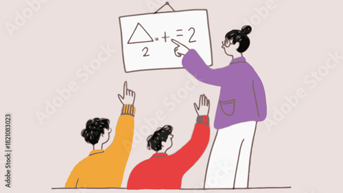 A teacher in a classroom points to a floating blackboard with colorful educational icons and symbols representing learning and knowledge