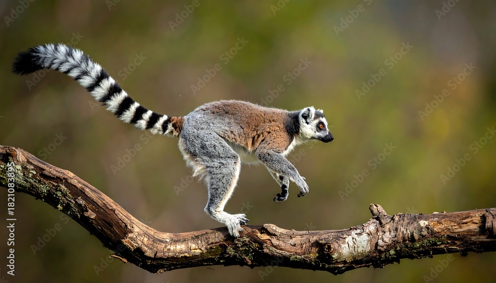 Obraz premium A ring-tailed lemur bounds along a tree branch, its striped tail raised against a blurred green and brown backdrop