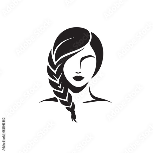 Beautiful female face with long hair braids design isolated on white background
