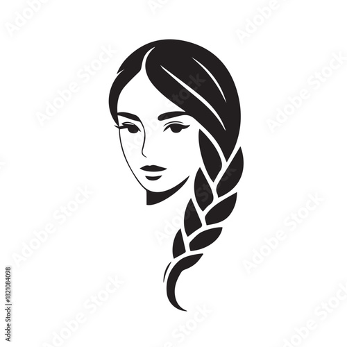 Beautiful female face with long hair braids design isolated on white background
