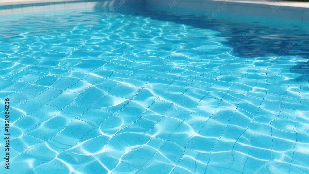Obraz premium Close-up view of a pool with rippling, light-reflecting water, tiled bottom and sunlit surface