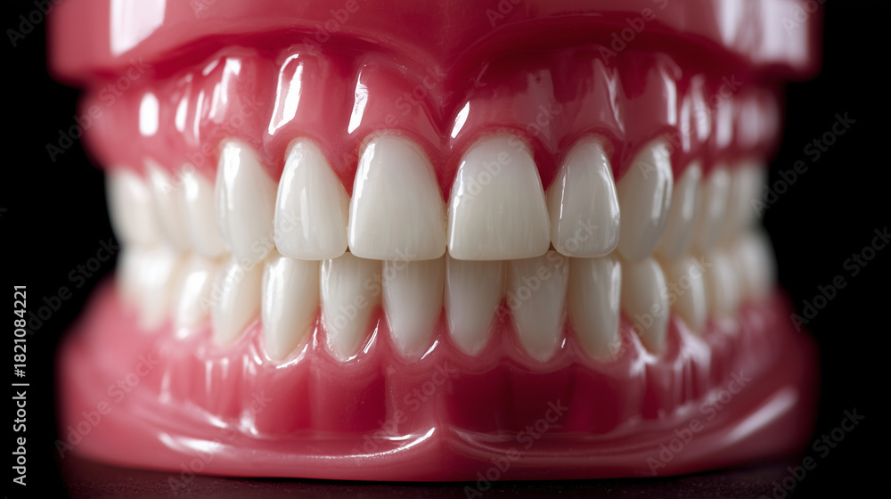 Obraz premium A red full-denture dental model with upper and lower artificial teeth, closed bite position. Symmetrical alignment, white acrylic teeth, glossy red gum base. Studio close-up shot,