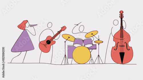 A stylized graphic illustration depicts a four piece band in a line showcasing a simple modern design perfect for music themed projects and visual branding