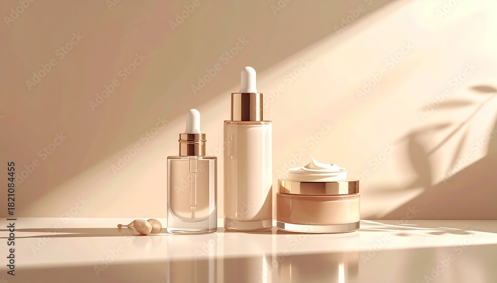 Luxury skincare product scene with glass bottles, soft shadows, creamy textured, beige background, premium beauty branding, hyper-realistic studio lighting.