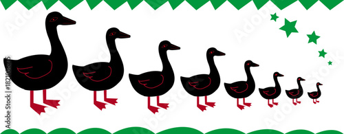 A line of black geese in varying sizes with green decorations