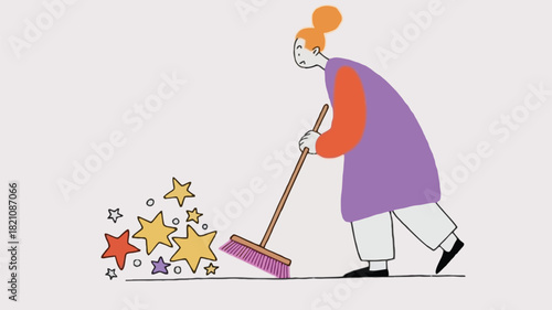 Whimsical character design of a friendly person diligently sweeping with a large push broom depicted in a vibrant and clean illustration style perfect for various creative projects