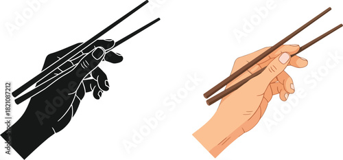 Hands skillfully holding wooden chopsticks presented in color and monochrome versions