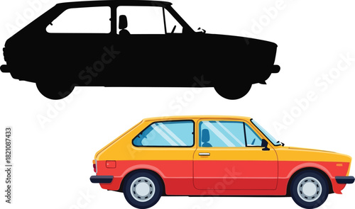 A vintage car illustration showcasing a silhouette and colorful version